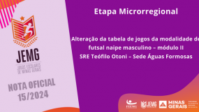 Publicada a Nota Oficial 15/2024. Alteração da tabela de jogos da modalidade de futsal, naipe masculino, módulo II, da SRE Teófilo Otoni – Sede Águas Formosas.