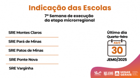 Atente-se ao prazo! Quarta-feira, 30 de abril, é o último dia para indicação das escolas nas modalidades coletivas e xadrez da sétima semana de execução da microrregional JEMG/2025.