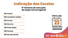 Sexta semana de execução da microrregional JEMG/2025. Atenção, 23 de abril, quarta-feira, é o último dia para indicação das escolas nas modalidades coletivas e xadrez!
