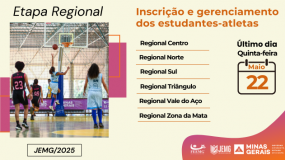Etapa regional JEMG/2025. Fique ligado! Termina no dia 22 de maio, quinta-feira, o prazo para inscrição e gerenciamento dos estudantes-atletas na etapa regional.