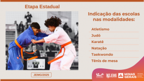 Etapa estadual JEMG/2025. Fique ligado! Termina no dia 10 de junho, terça-feira, o prazo para indicação das escolas nas modalidades de atletismo, judô, karatê, natação, taekwondo e tênis de mesa.